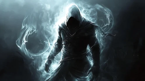 Shadowed wraith strides through crackling stormlit ether