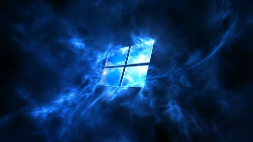 Glowing window logo over swirling blue energy background.