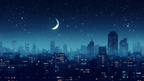 Crescent moon over dense blue city skyline at night.