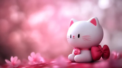 Kawaii white cat figurine with pink bow in blossom glow.