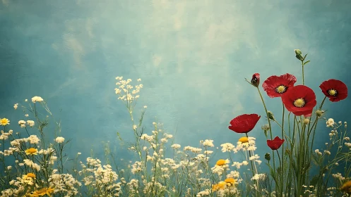 Red Poppies and Yellow Daisies Against Turquoise Sky Field