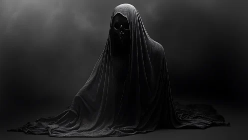 Shrouded skeletal figure in dark minimal studio setting.