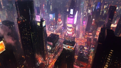Neon soaked futuristic cityscape with dense high rises.