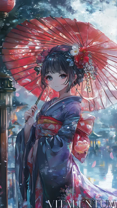 Umbrella-lit kimono dream amid shimmering lakeside twilight.