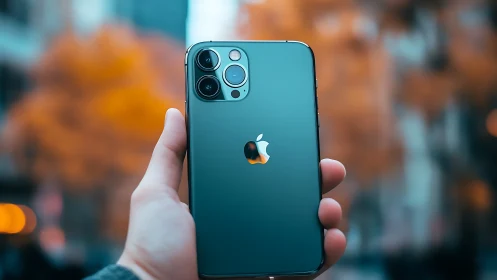 iPhone 12 Pro in Pacific Blue. Hand-held outdoor product shot.