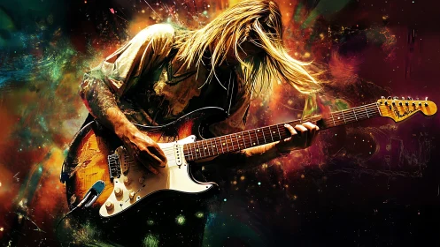Electric guitarist rides a blazing wave of color and sound