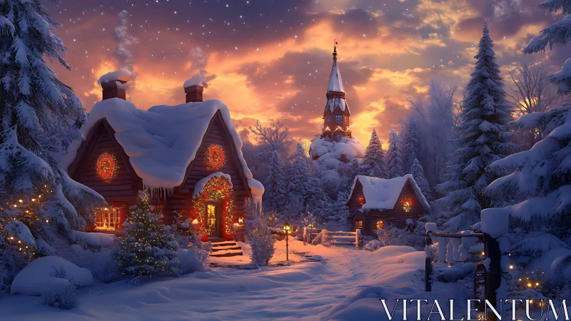 Snowy Christmas village glows under a golden winter sunset.
