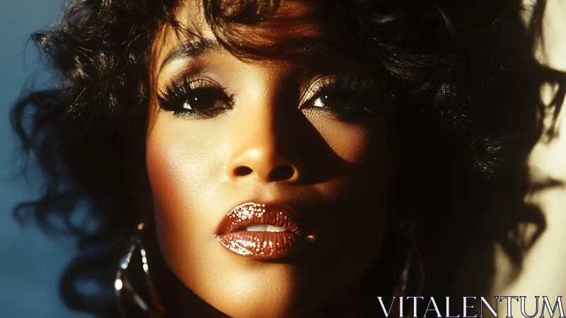 Golden hour portrait with shimmering lips and soft curls.