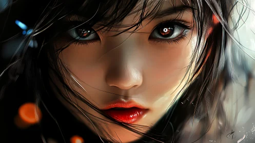 Luminous girl&rsquo;s gaze glowing softly in a rainlit night.