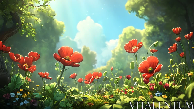 Digital landscape depicts red poppies in a sunlit forest clearing