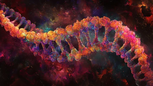 Radiant DNA helix glows with cosmic color and gentle mystery