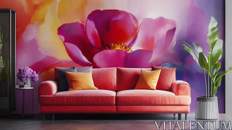 Bold floral wall mural behind modern coral velvet sofa.