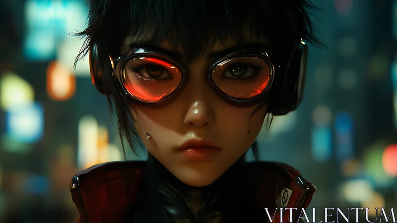 Cyberpunk youth with red goggles stares at viewer