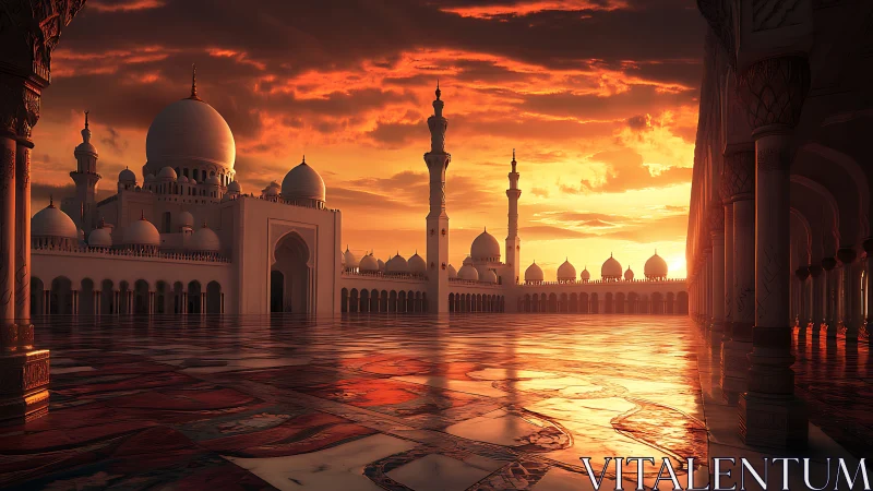Golden sunset over tranquil marble mosque courtyard.
