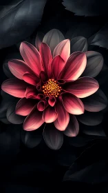 Pink Dahlia with Golden Center Against Dark Foliage.