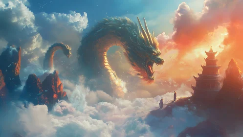 Sky-serpent roars above temple peaks in blazing dawn clouds.