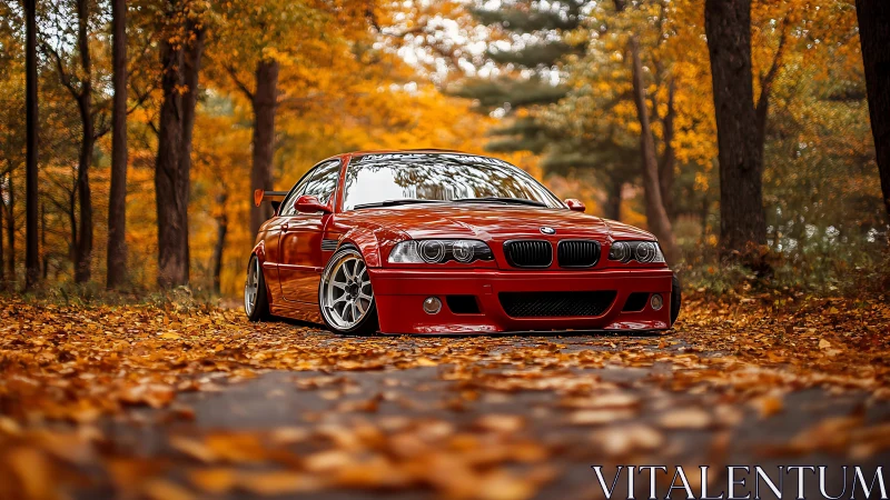 Red BMW sedan parked on leaf covered forest road in fall.