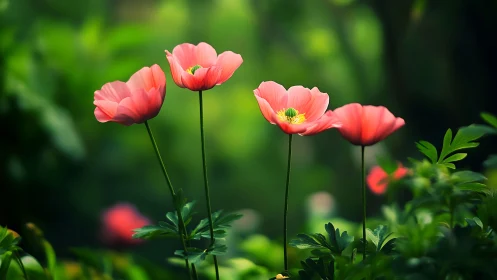 Shallow-Depth Coral Peonies: Telephoto Bokeh Rendering Over Green Foliage