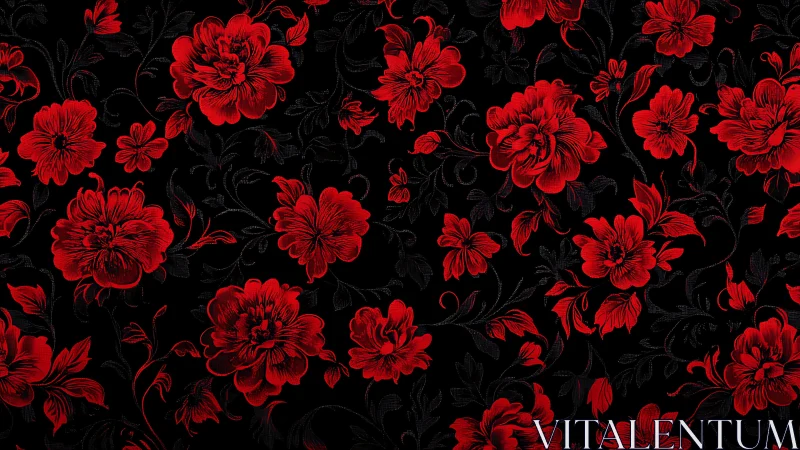Red floral botanical pattern on black background with fine line detail.
