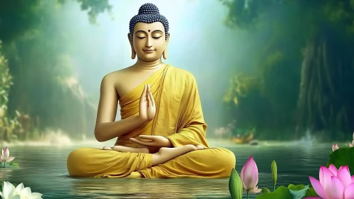 Serene Buddha sculpture in lotus pose over reflective water surface