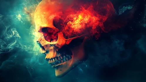 Fiery cosmic skull drifting through swirling night smoke.
