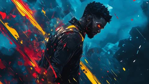 Cyberpunk warrior with glowing eyes strides through neon storm