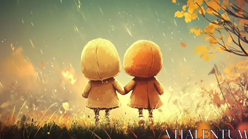 Two Figures in Autumn Rain: Rendered Digital Illustration of Childhood Companionship.