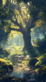 Enchanted Forest Stream Beneath Ancient Tree