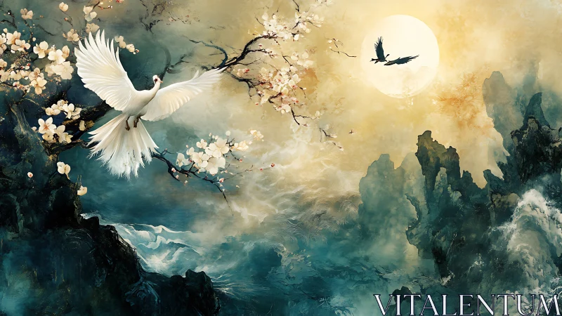 White bird over seascape with blossoms and distant cliffs.