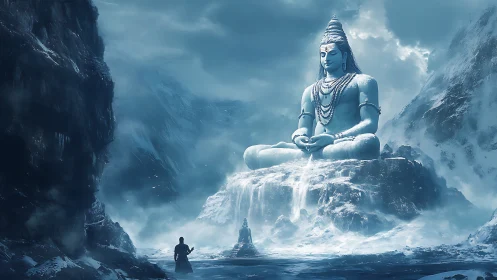 Massive blue Shiva statue dominates frozen mountain valley.