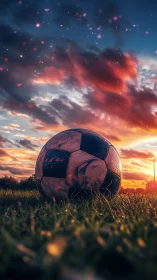 Worn soccer ball resting on grass under vivid sunset sky.