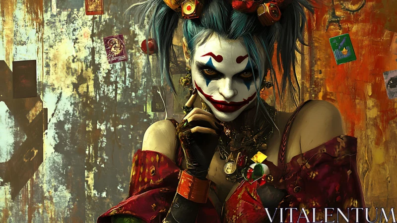 Clown makeup woman in punk attire against textured backdrop.