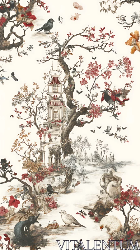 Chinoiserie landscape with birds, pagoda tower and ink-rendered flora