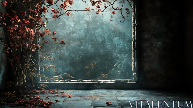 Stone window frame encloses misty view and red climbing vine