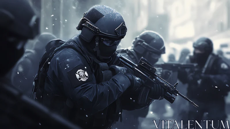 Snowfall strike team advances through icy urban crossfire.