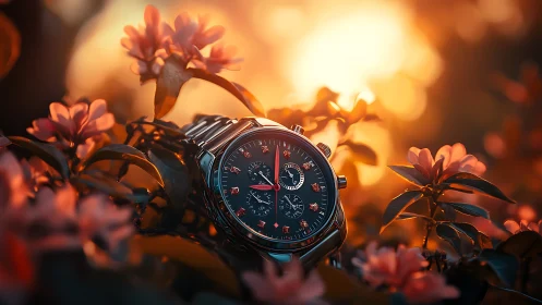 Luxury chronograph watch rests in glowing floral sunset light