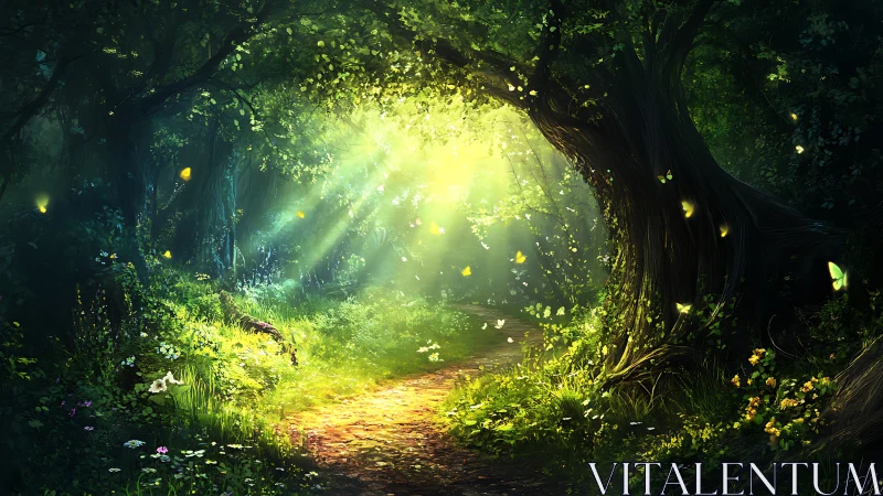 Enchanted Forest Tunnel with Luminescent Canopy and Golden Pathway.