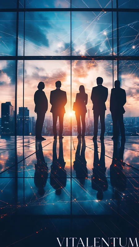 Five business professionals silhouetted against urban skyline at sunset.