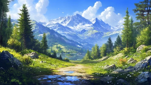 Snowcapped mountain range above forested lake valley.