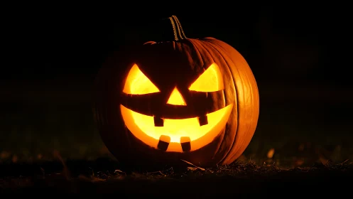 Glowing carved jack o lantern with triangular eyes at night.