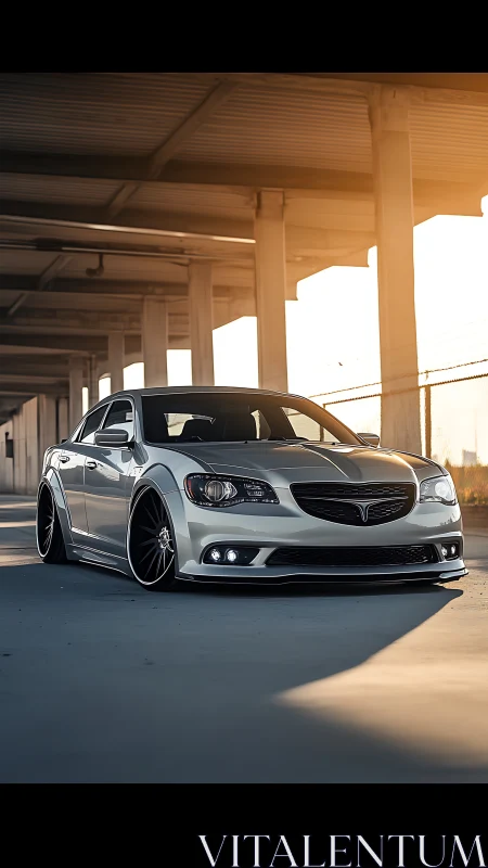 Lowered silver sedan glows under warm sunset light.