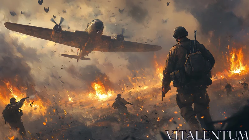 Wartime soldiers advance under a roaring low-flying bomber