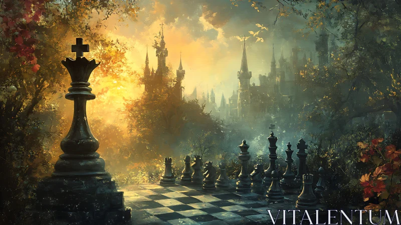 Gothic castle chessboard rendered in cinematic atmospheric depth
