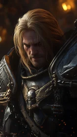 Brooding blonde knight in battle-worn black armor at dusk.
