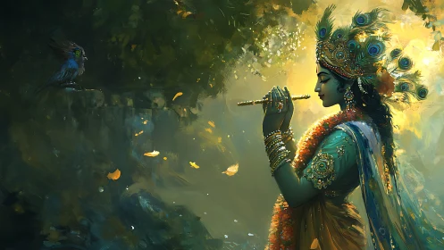 Ornate flute player in forest clearing with observing bird.