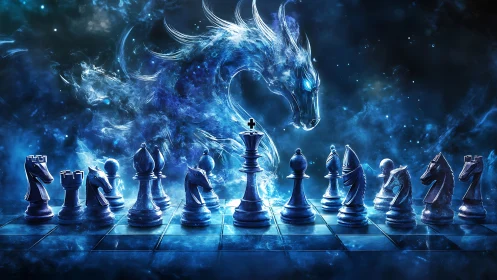 Luminescent spectral dragon looming over crystalline chess line