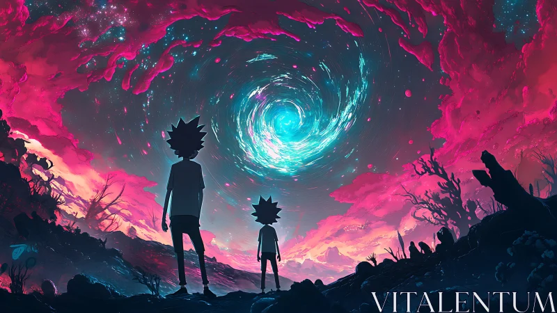 Starry portal swirls above two explorers in neon dusk