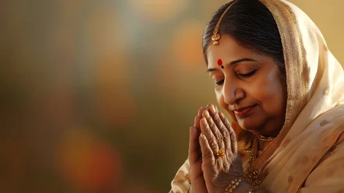 Indian Woman in Traditional Attire Praying, Warm Portrait Style.
