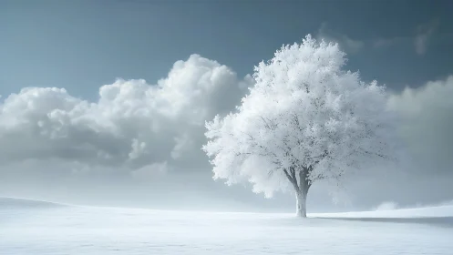 Solitary frost-covered tree on open winter landscape.
