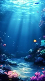 Sunlit coral reef glows beneath tranquil turquoise waves.